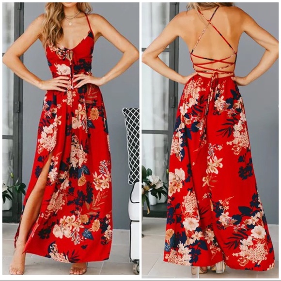 Dresses & Skirts - Red hot keyhole tie back maxi dress!